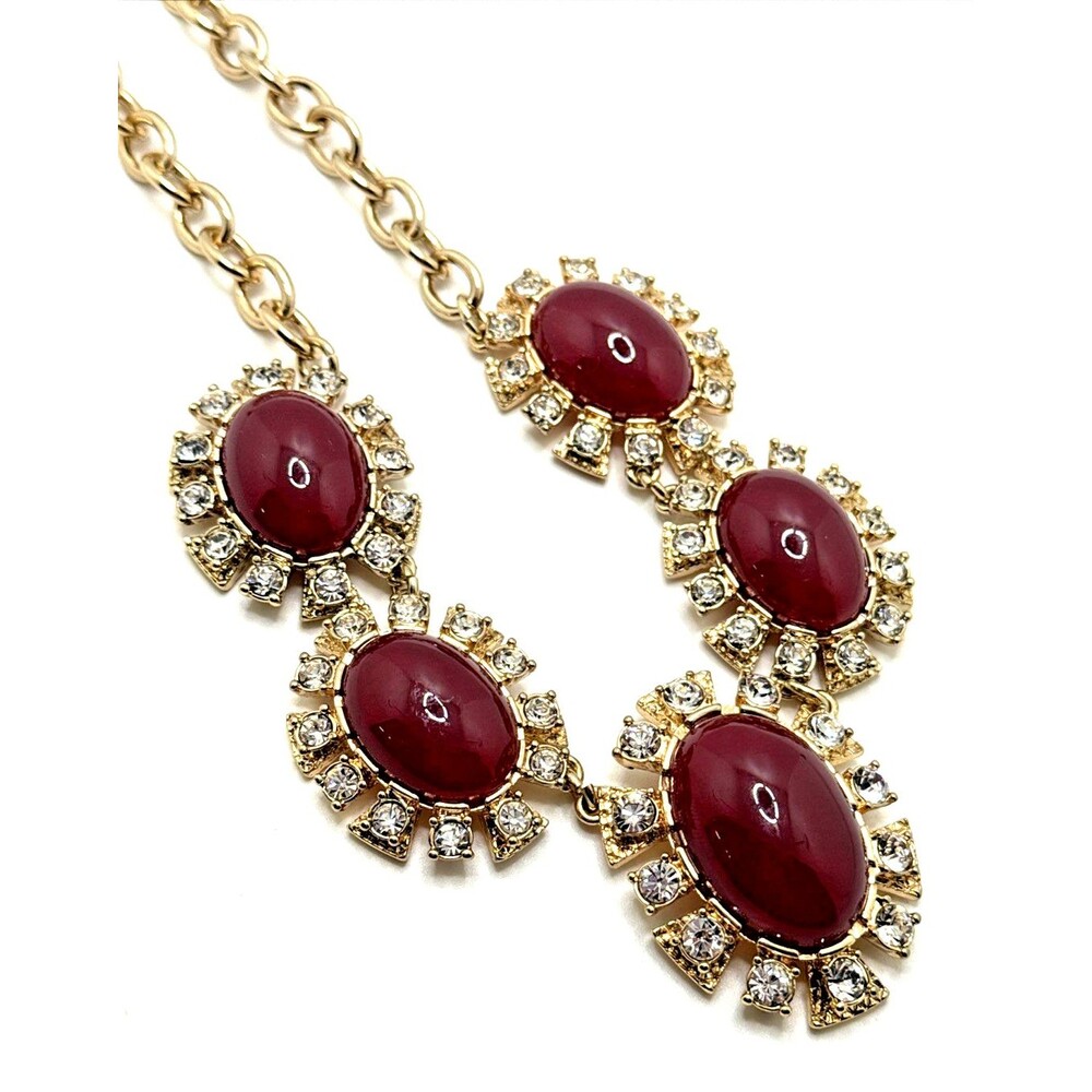 NEW TALBOTS Dark Red Bib Necklace Rhinestone Accent Faux Stone Runway 18" NWT